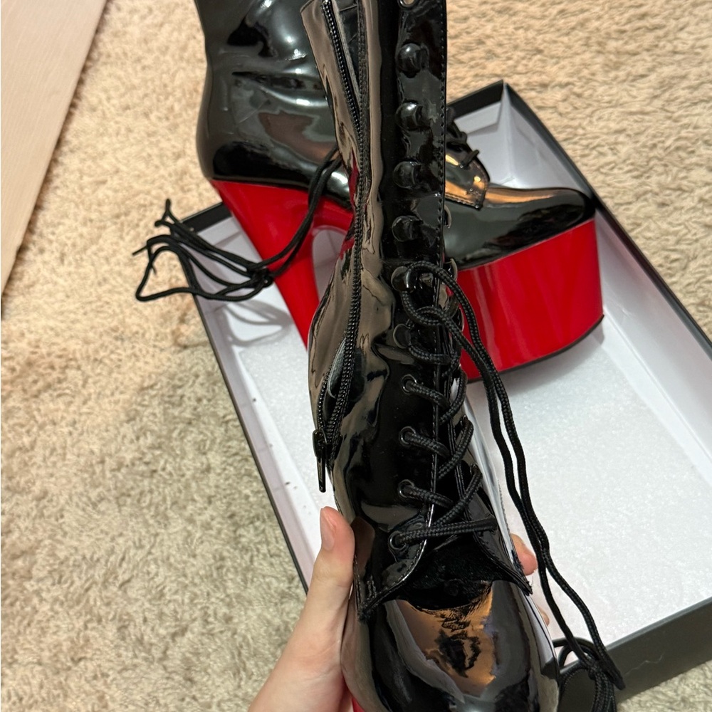 Pleaser Black and Red Patent Platform Boots - Picture 4 of 4